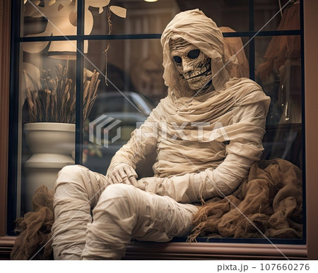 a skeleton sitting on a window sie with his head covered in white cloth and wearing a scarf around his neck 107660276