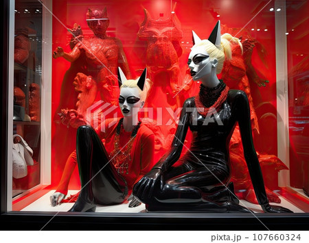 two manns sitting in front of a red wall with black and white costumes on them, all dressed up as catwomans two manns sitting in front of a red wall with black and white costumes on them, all dressed up as catwomans 107660324