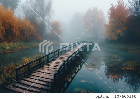 a wooden bridge in the middle of a foggy lake with autumn foliages and trees on either sides, taken from above a wooden bridge in the middle of a foggy lake with autumn foliages and trees on either sides, taken from above 107660369
