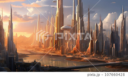 a futuristic city with skyscrapers and other buildings in the fore - image courtesy from flickonline com via 107660428