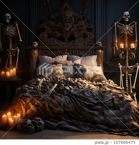 a bedroom with skeletons on the bed and candles in the dark room, which is lit up by candlelight 107660475
