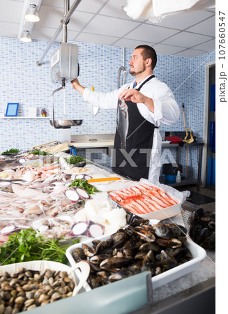 attentive seller in black apron holding fish and looking at scales 107660547