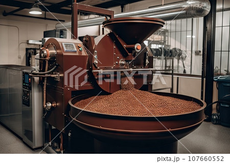 coffee beans being milled into a grinder in a commercial coffee roasting machine at the company's factory coffee beans being milled into a grinder in a commercial coffee roasting machine at the company's factory 107660552
