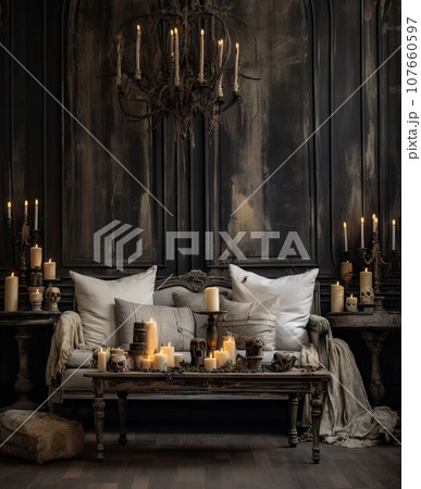 a living room with candles on the coffee table and an old sofa in the middle part of the room is dark 107660597