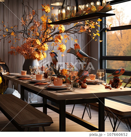 a dining table set for thanksgiving dinner with fall leaves and birds on the branches in the background is an open window 107660652