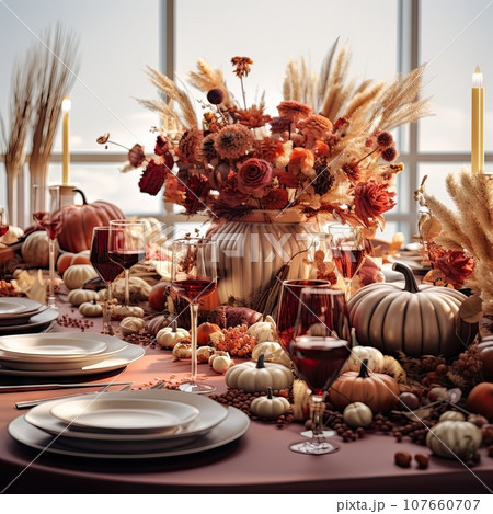 a thanksgiving table setting with pumpkins, wheat and fall flowers in the centerpiece is surrounded by white candles 107660707