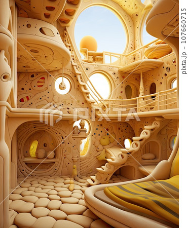 the inside of a room with lots of different shapes and sizes, as well as it is made out of clay 107660715