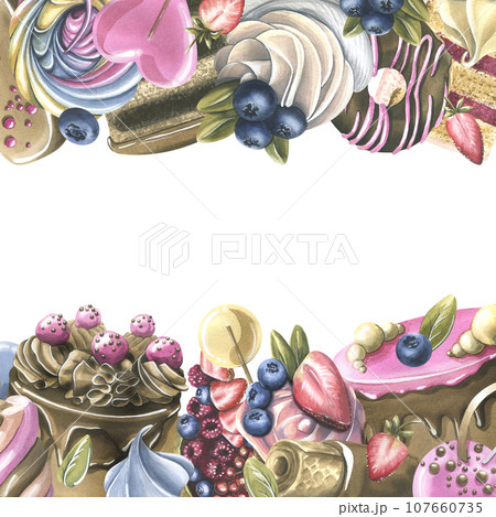 Cakes with brownies, donuts, marshmallows, lollipops, strawberries and blueberries. Watercolor illustration hand drawn. Template, frame on a white background. 107660735