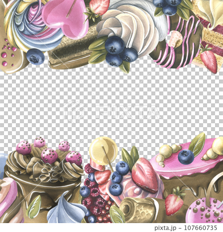 Cakes with brownies, donuts, marshmallows, lollipops, strawberries and blueberries. Watercolor illustration hand drawn. Template, frame on a white background. 107660735