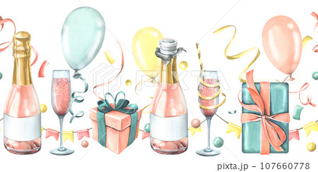 Festive balloons, gifts, champagne in glasses and bottles, confetti and flag garlands. Watercolor illustration hand drawn. Seamless board for design of congratulations on white background 107660778