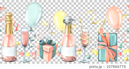 Festive balloons, gifts, champagne in glasses and bottles, confetti and flag garlands. Watercolor illustration hand drawn. Seamless board for design of congratulations on white background 107660778
