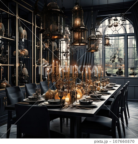 an elegant dining room with dark blue walls, black chairs and large chandels in the table is surrounded by candles 107660870