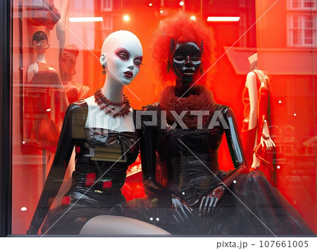 two manns in a store window with red and black clothing on display, one is dressed as a woman's head two manns in a store window with red and black clothing on display, one is dressed as a woman's head 107661005