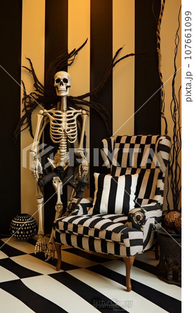 a skeleton sitting on a couch in front of a black and white striped wallpapered room with a chair 107661099