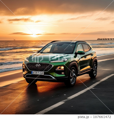 the hyundai kobo electric suv driving on a beach road at sunset with waves in the background and an orange sky the hyundai kobo electric suv driving on a beach road at sunset with waves in the background and an orange sky 107661472