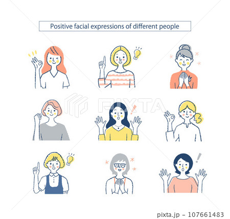 さまざまな女性の表情 ポジティブ　f1.2.3.5.6.+b 107661483