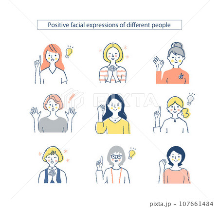 さまざまな女性の表情 ポジティブ　f1.2.3.5.6.+b 107661484