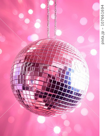 a shiny disco ball hanging from a chain on a pink background with sparkling lights in the background stock images, royalty free stock photos 107661694