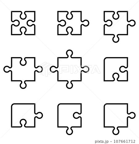 いろいろなパズルのピースのセット、ベクターファイルは線幅が変更可能なパス 107661712