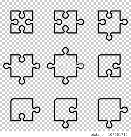 いろいろなパズルのピースのセット、ベクターファイルは線幅が変更可能なパス 107661712