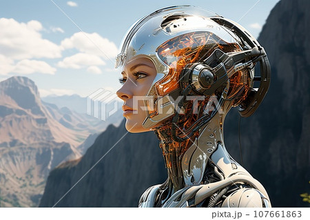 a woman wearing a futuristic suit and helmet with mountains in the background, as if it's not going anywhere 107661863