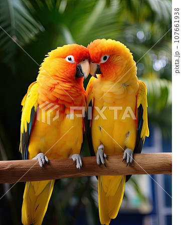 two birds that are sitting on a tree branch and one is looking at the other bird with it's eyes closed two birds that are sitting on a tree branch and one is looking at the other bird with it's eyes closed 107661938