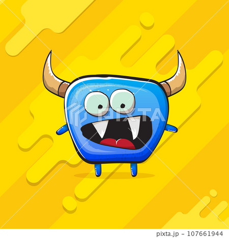 Vector cartoon funky blue monster with horn isolated on yellow background. Smiling silly blue monster print sticker design template. Ghost, troll, gremlin, goblin, devil and monster 107661944