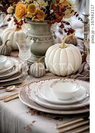 a table setting with white pumpkins and autumn flowers in the centerpiece is surrounded by candles, plates and silverware 107662117