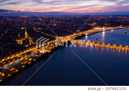 Night aerial view of historic centre of Bordeaux.  107662120