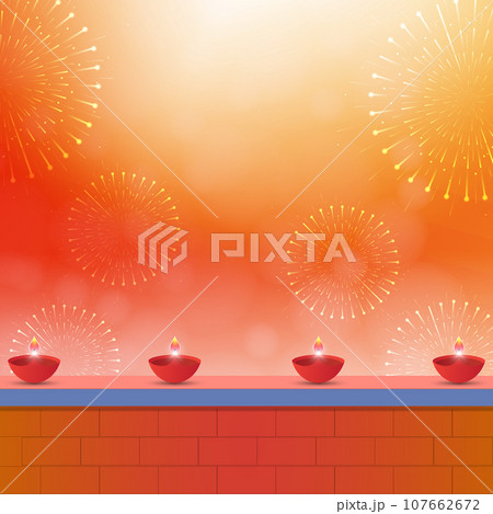 Vector illustration of Happy Diwali background with diya and fireworks. 107662672