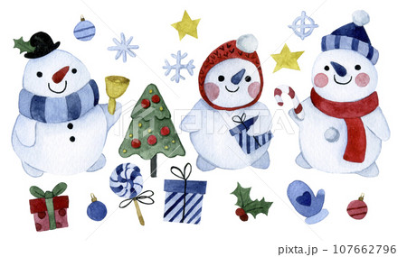 watercolor drawing. cute christmas set with snowmen. cartoon style characters, christmas elements, winter, new year	 107662796