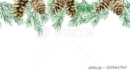 watercolor drawing. seamless border, frame with Christmas plants. spruce entrances, fir-trees. cone. vintage print, pattern for new year, christmas. 107662797