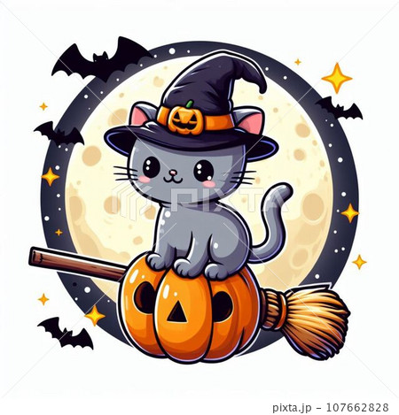 Cute cat in witch hat on the moon. Vector illustration. 107662828