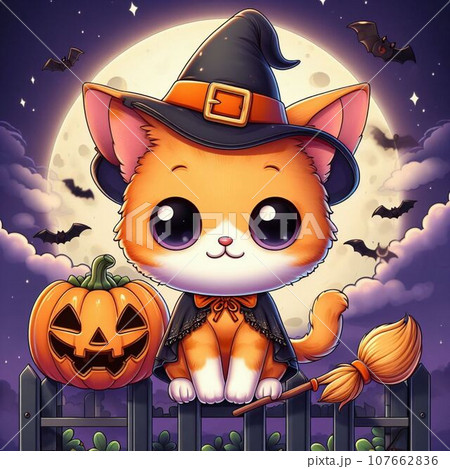 Cute cat in witch hat on the moon. Vector illustration. 107662836