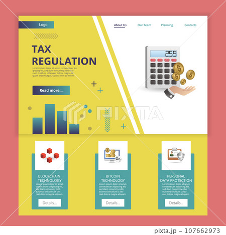 Tax regulation flat landing page website template. Blockchain technology, bitcoin technology, personal data protection. Web banner with header, content and footer. Vector illustration. 107662973