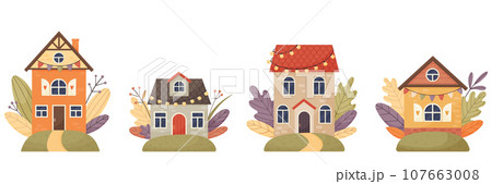 Set of fairytale houses surrounded by autumn leaves and plants. 107663008