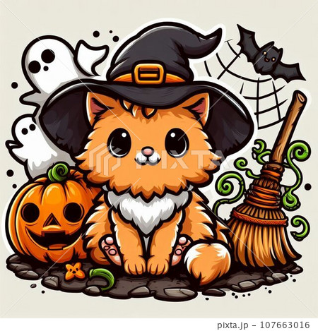 Cute cat in witch hat on the moon. Vector illustration. 107663016