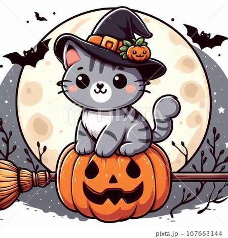 Cute cat in witch hat on the moon. Vector illustration. 107663144