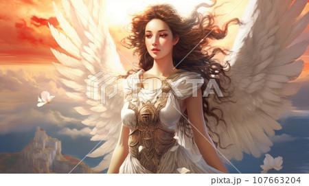 Painting of a beautiful woman, the Greek goddess Aphrodite. Olympian god of sexual love and beauty, aphrodite, illustration. Art of an ancient mythological female goddess with white wings. 107663204
