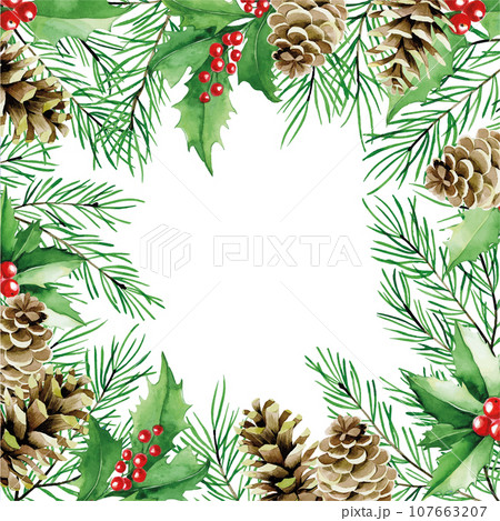 watercolor drawing christmas square frame with fir branches, cones and red rose hips. decoration for New Year's, Christmas cards. 107663207