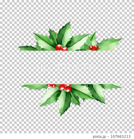 watercolor frame, border with holly leaves and berries. green leaves of holly on a white background. christmas card, decoration for the holidays new year, christmas 107663213