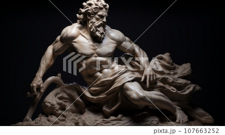 Sculpture of Hercules a brutal, muscular male, with a beard, the Greek hero. Olympian legendary fighter, Hercules, Figure. Art of an ancient mythological male fighter, portrait. Sculpture of Hercules a brutal, muscular male, with a beard, the Greek hero. Olympian legendary fighter, Hercules, Figure. Art of an ancient mythological male fighter, portrait. 107663252