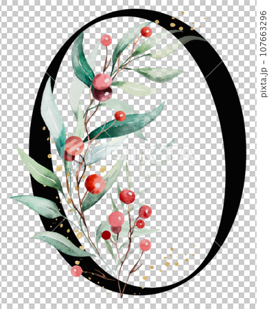 Black number 0 with watercolor twigs with green leaves and red berries, Christmas isolated Illustration Black number 0 with watercolor twigs with green leaves and red berries, Christmas isolated Illustration 107663296