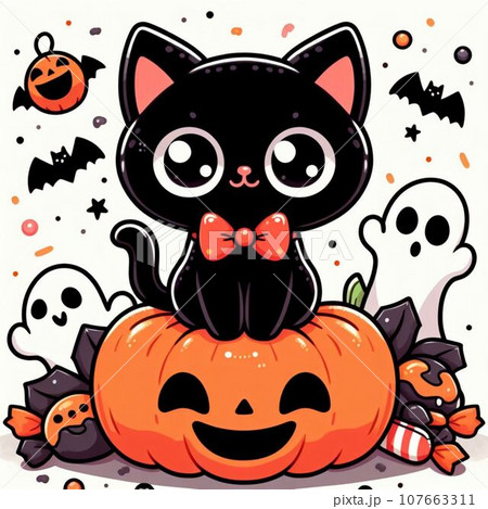 Cute cat in witch hat on the moon. Vector illustration. 107663311