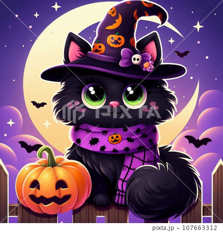 Cute cat in witch hat on the moon. Vector illustration. 107663312