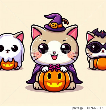 Cute cat in witch hat on the moon. Vector illustration. 107663313