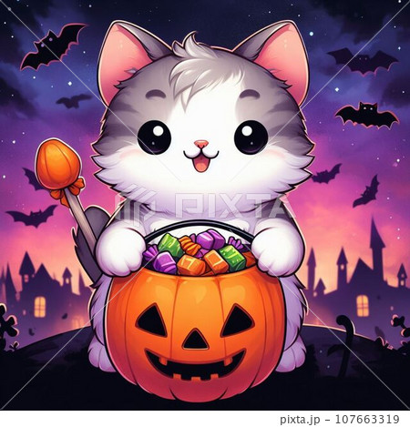 Cute cat in witch hat on the moon. Vector illustration. 107663319