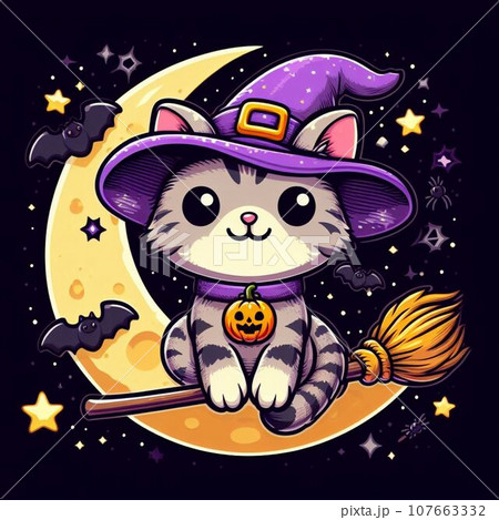 Cute cat in witch hat on the moon. Vector illustration. 107663332