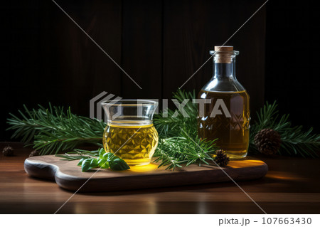 Glass bottle with spruce oil and fir branches standing on wooden table on rustic dark background. Generative AI 107663430