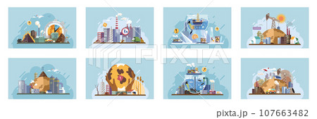 Industrial pollution. Dirty waste. Environmental pollution. Vector illustration. Industrial pollution is leading to air, water, and soil contamination Factory emitting smoke is common sight 107663482